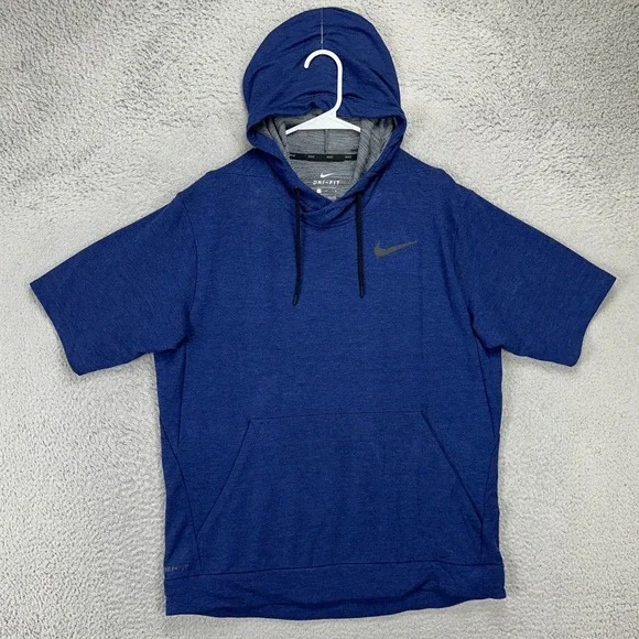 Nike Dri-Fit Mens Hoodie Shirt Large Blue Short Sleeve Drawstring Stretch Swoosh
